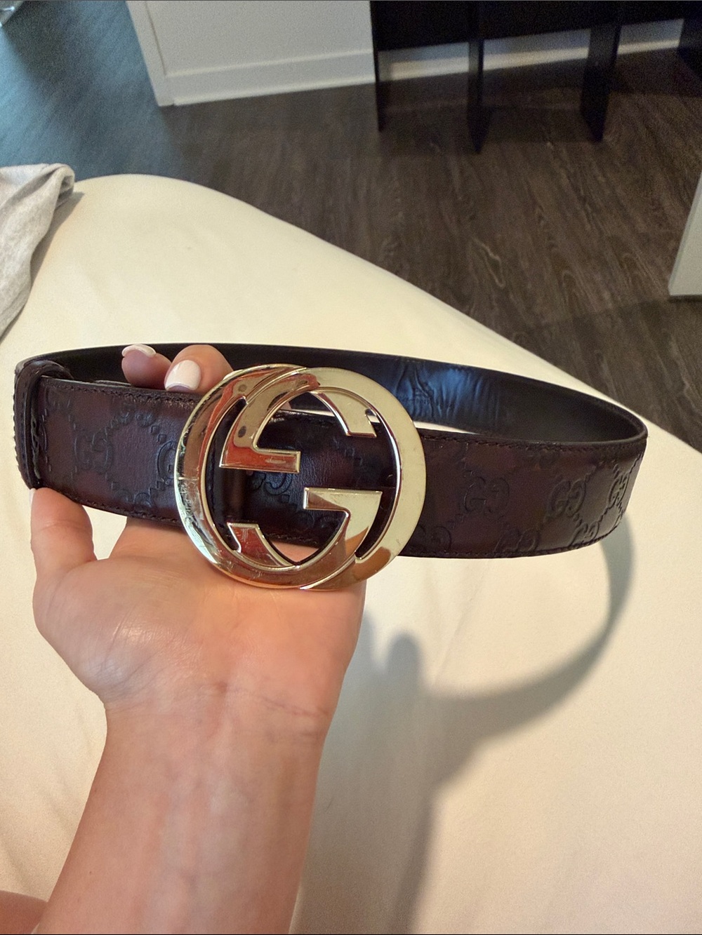 Designer Brown Leather Belt with Gold Double-G Buckle